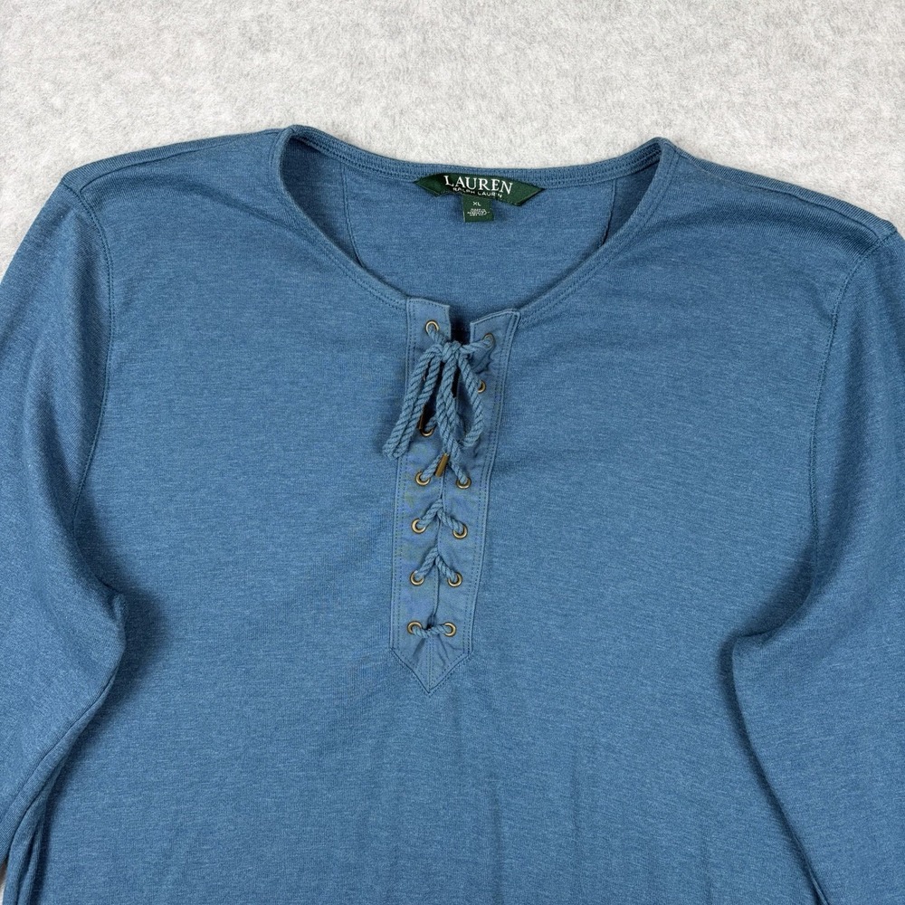 Lauren Ralph Lauren Shirt Women's XL Blue Lace Up Long Sleeve Top Coastal Preppy